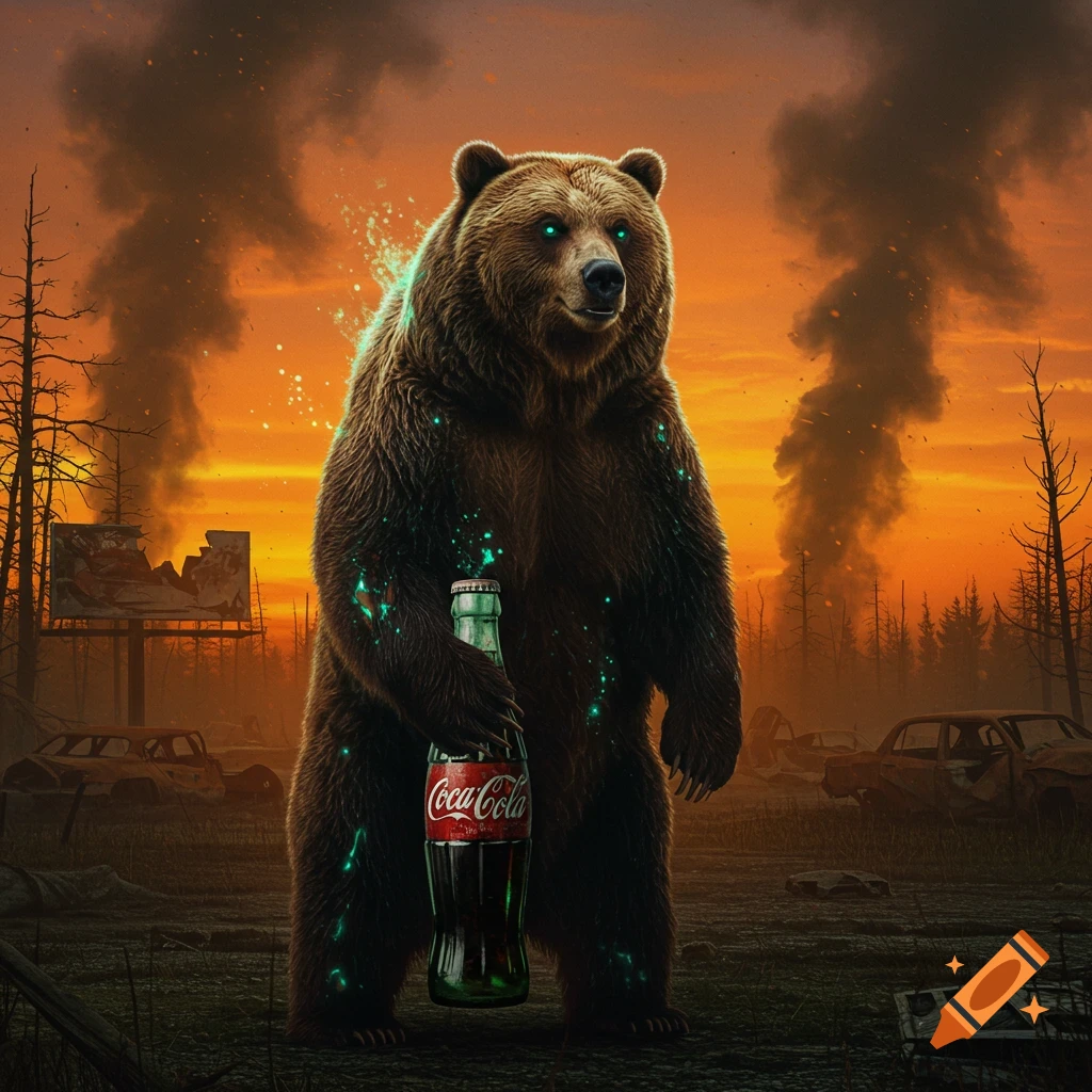 A mutated brown bear with glowing green eyes and particles holds a Coca-Cola bottle in a desolate, orange post-apocalyptic landscape with smoke.