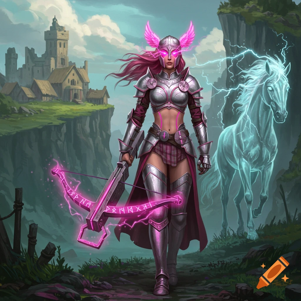 A pink-haired armored Valkyrie with glowing eyes holds a neon pink crossbow, walking with an ethereal horse past a cliffside castle in a fantasy setting.