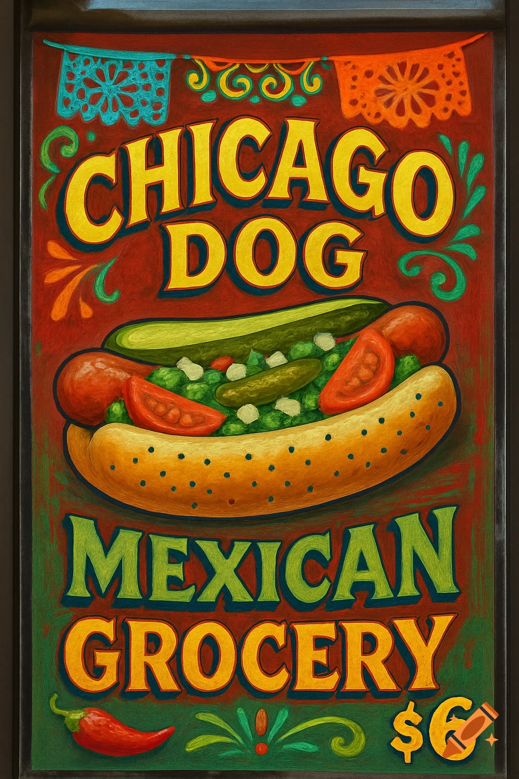 A colorful hand-painted sign for 'Chicago Dog Mexican Grocery' with a hot dog, toppings, chili pepper, and '$6'.