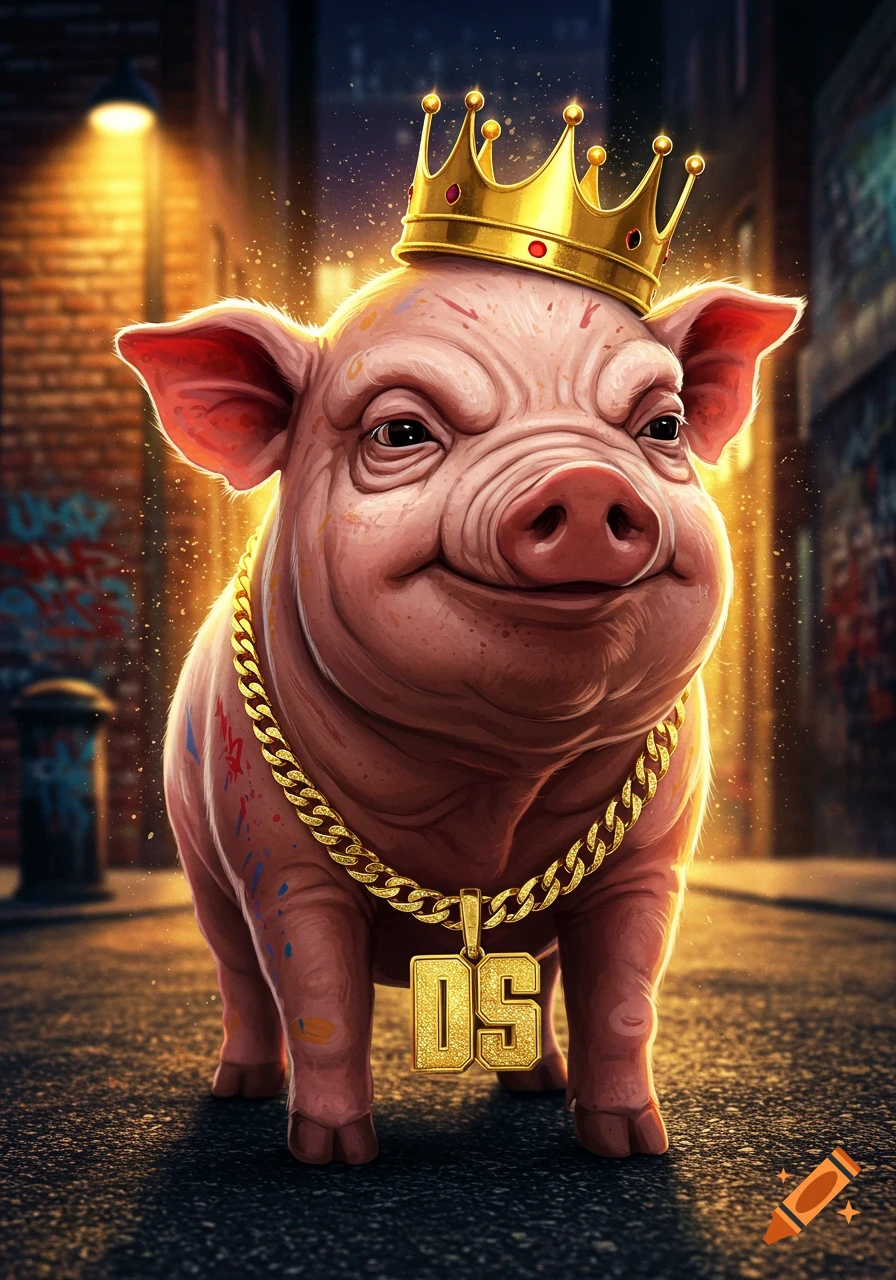 A cute pig wearing a gold crown and a large gold chain with a 'DS' pendant stands in a glowing urban alley.