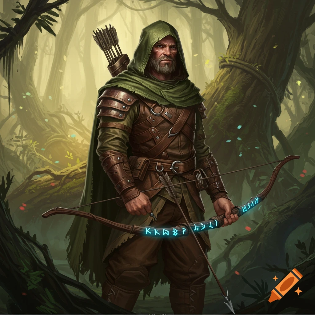 A grizzled male ranger in a green hood and brown leather armor holds a bow with glowing blue runes in a mystical forest.