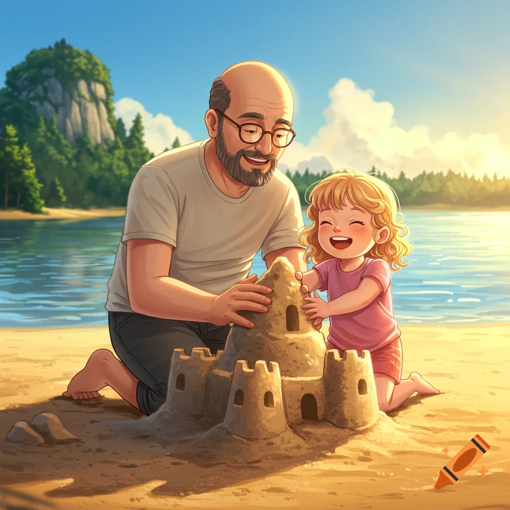 An animated bald father and his blond daughter build a sandcastle on a sunny beach with a lake and forest in the background.