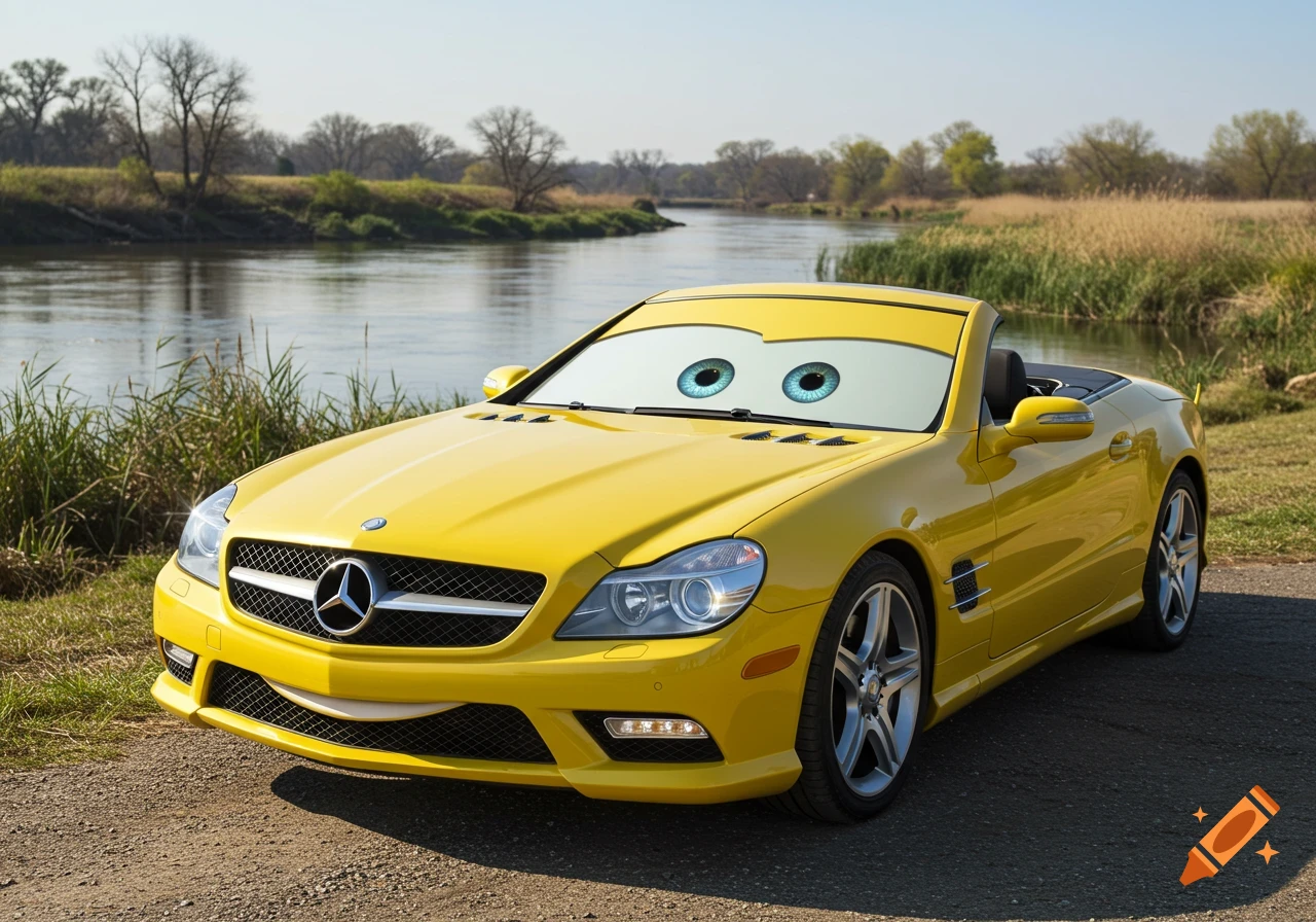 A yellow Mercedes-Benz convertible with cartoon eyes on the windshield, parked by a river.