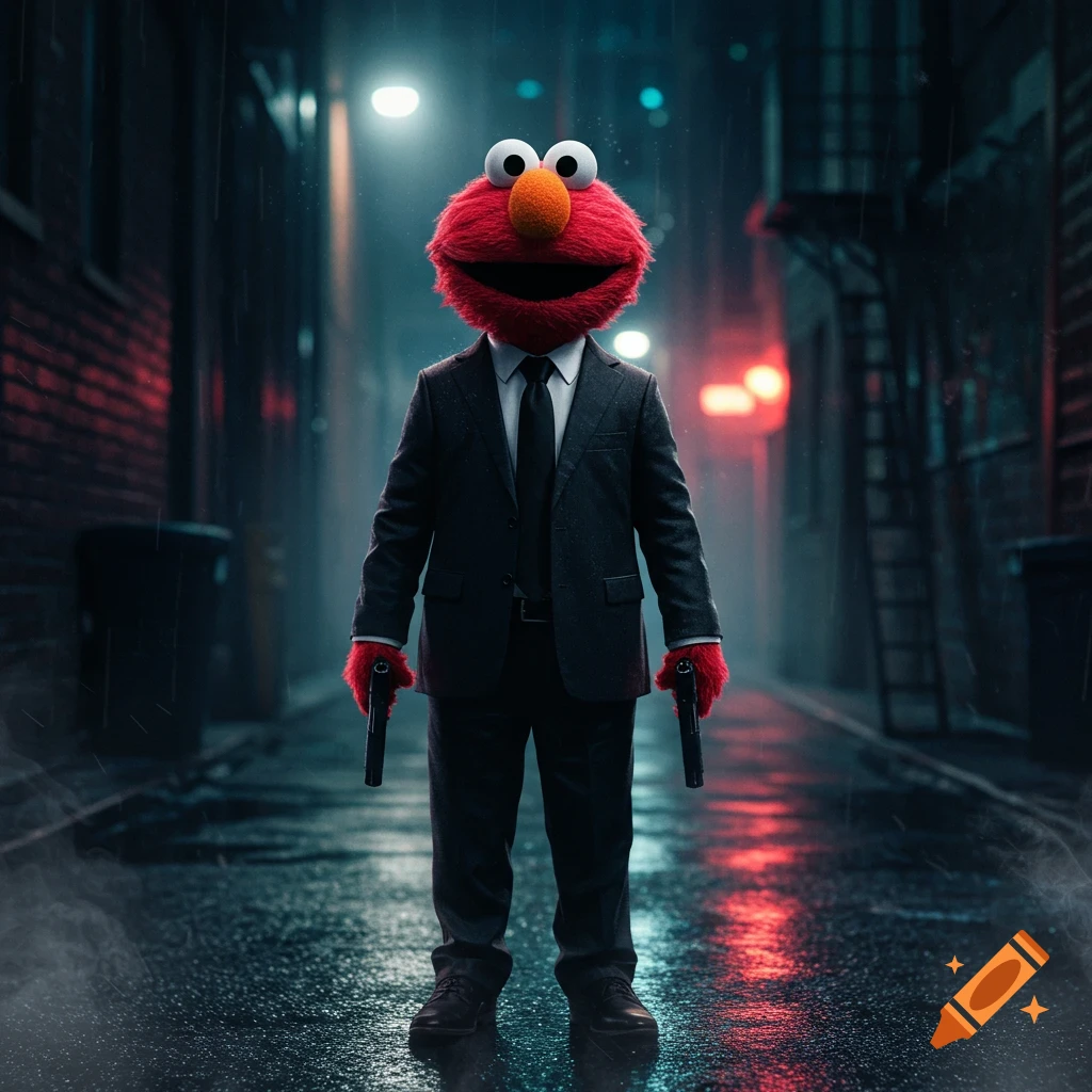 Elmo dressed as John Wick, holding two pistols, stands in a dark, rainy city alley with neon lights.