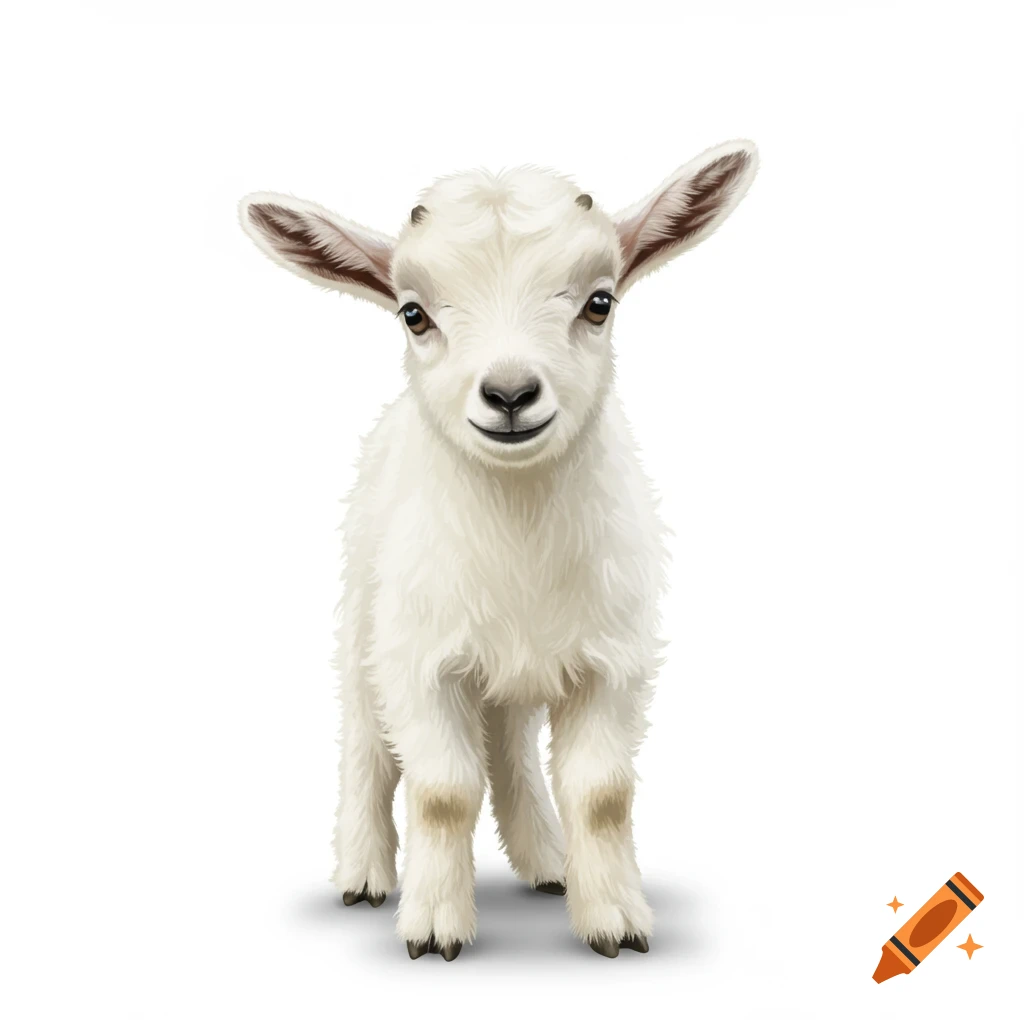 A cute white baby goat stands on a white background.