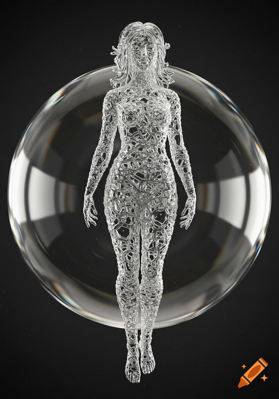 A full-body clear glass female figure, made of intricate lace-like geometric patterns, floats inside a transparent sphere on a dark background.