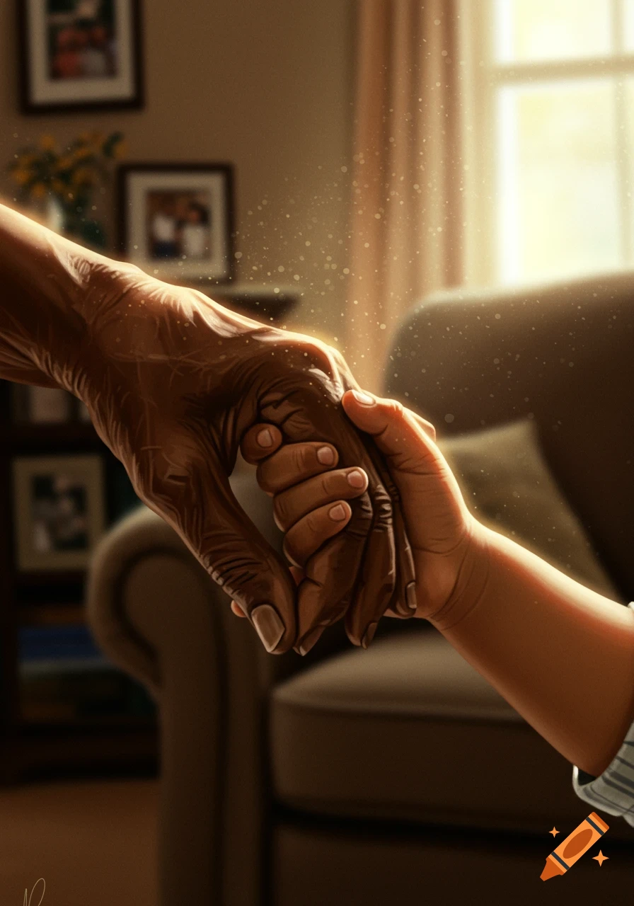 Close-up of a wrinkled, dark-skinned elderly hand gently holding a smoother, lighter-skinned young child's hand, with a blurred, warm-toned room in the background.
