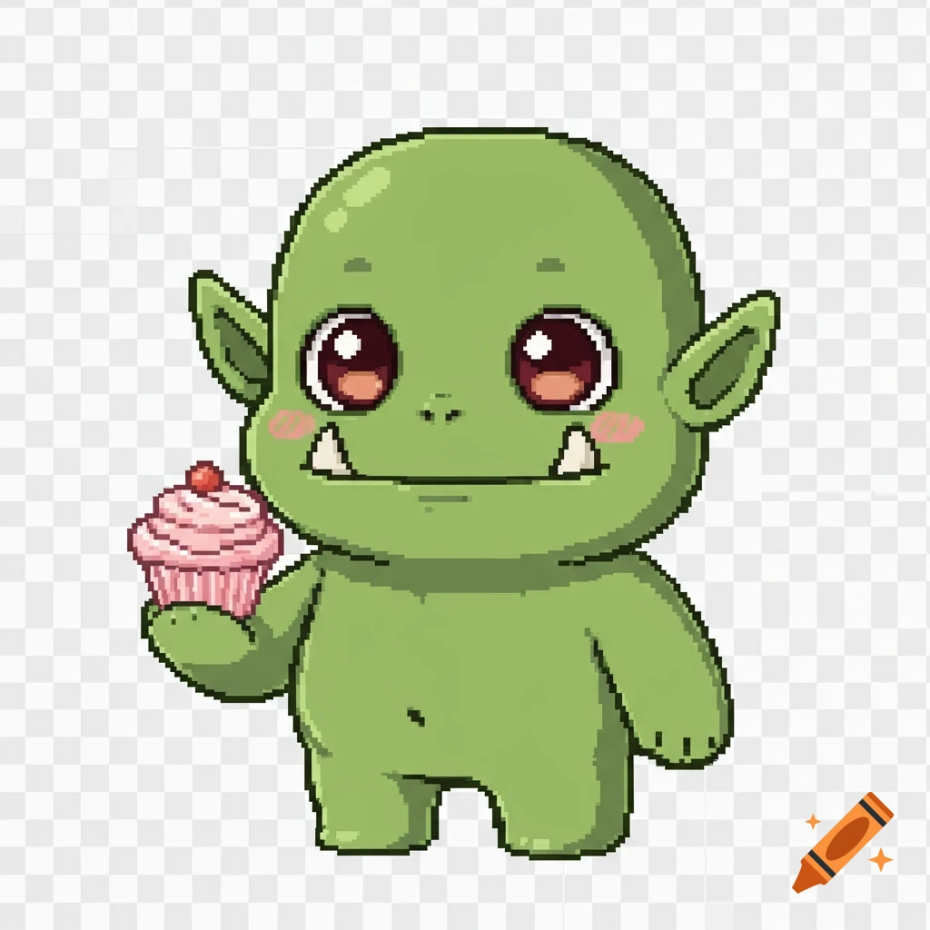 A cute green pixel art orc with big eyes, smiling and holding a pink cupcake.