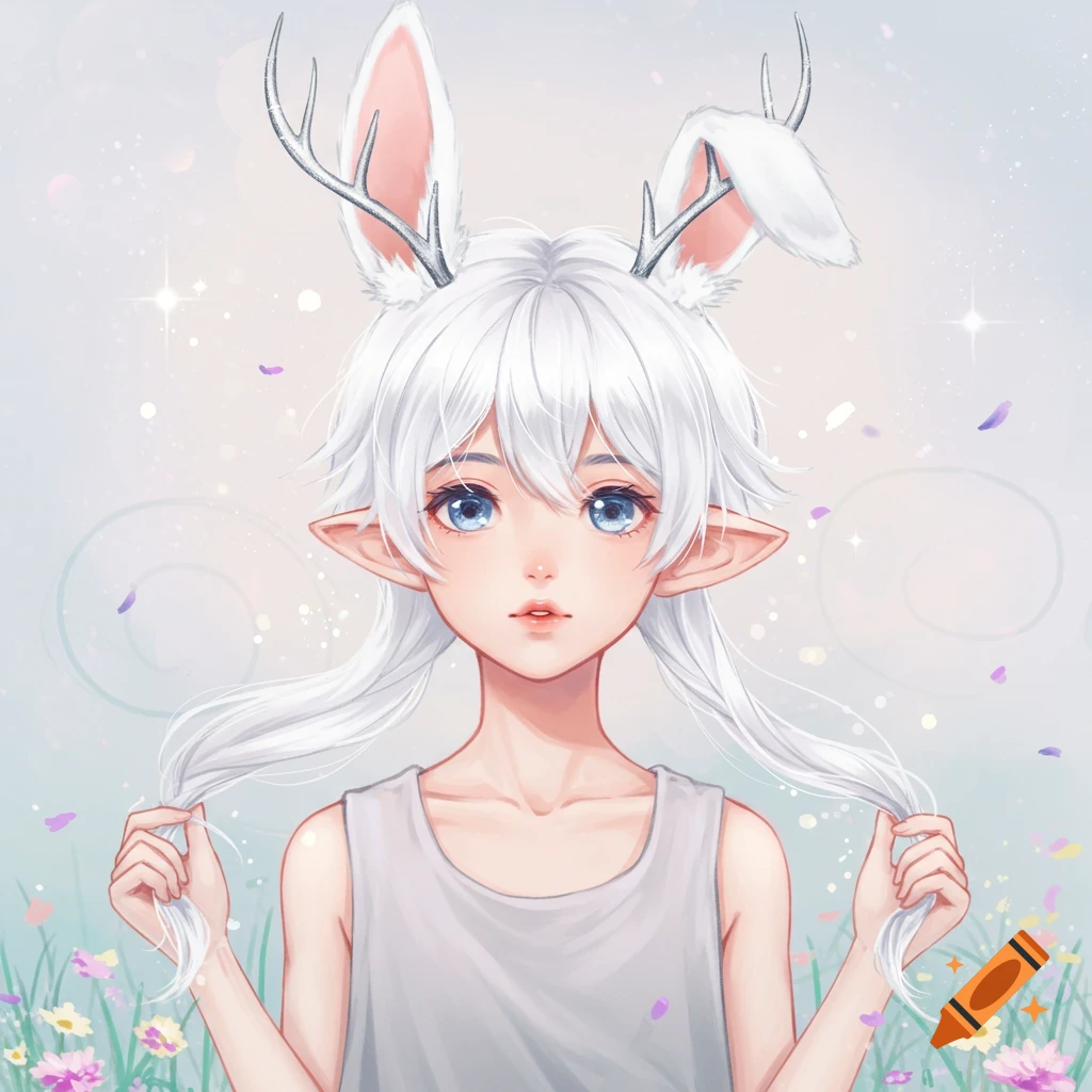 Anime person with white hair, rabbit ears, antlers, and elf ears wearing a tank top, holding pigtails in a pastel floral setting.