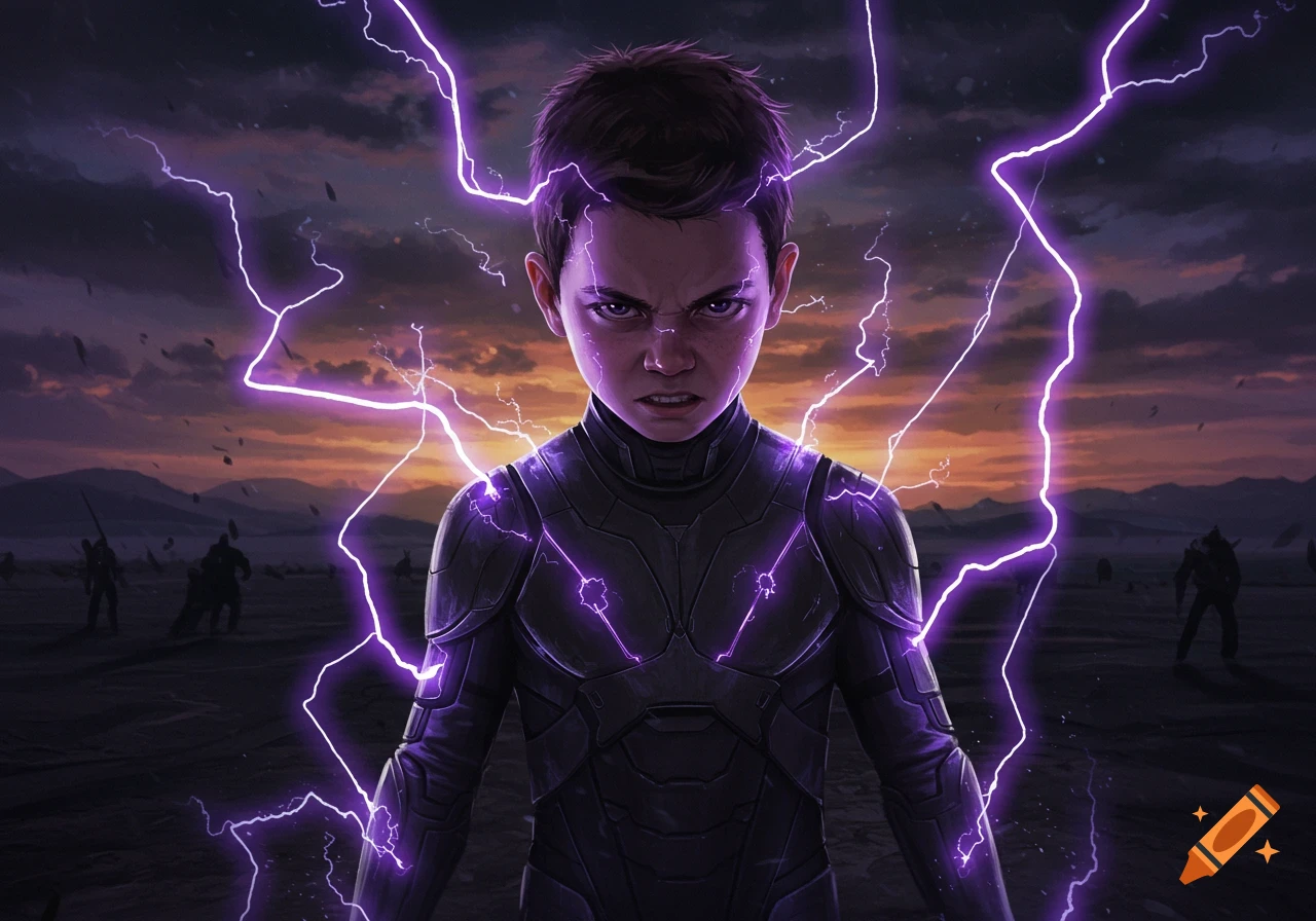 Digital art of an angry kid in dark purple electric armor, with purple lightning, against a stormy, desolate landscape.