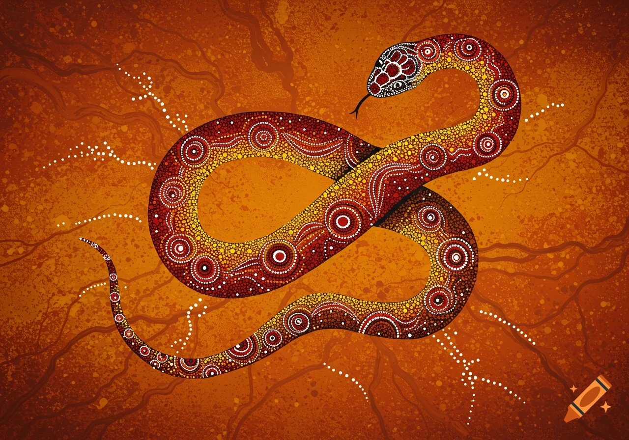A snake in Aboriginal dot painting style, coiled on an orange-brown background, with patterns of red, yellow, and white dots.