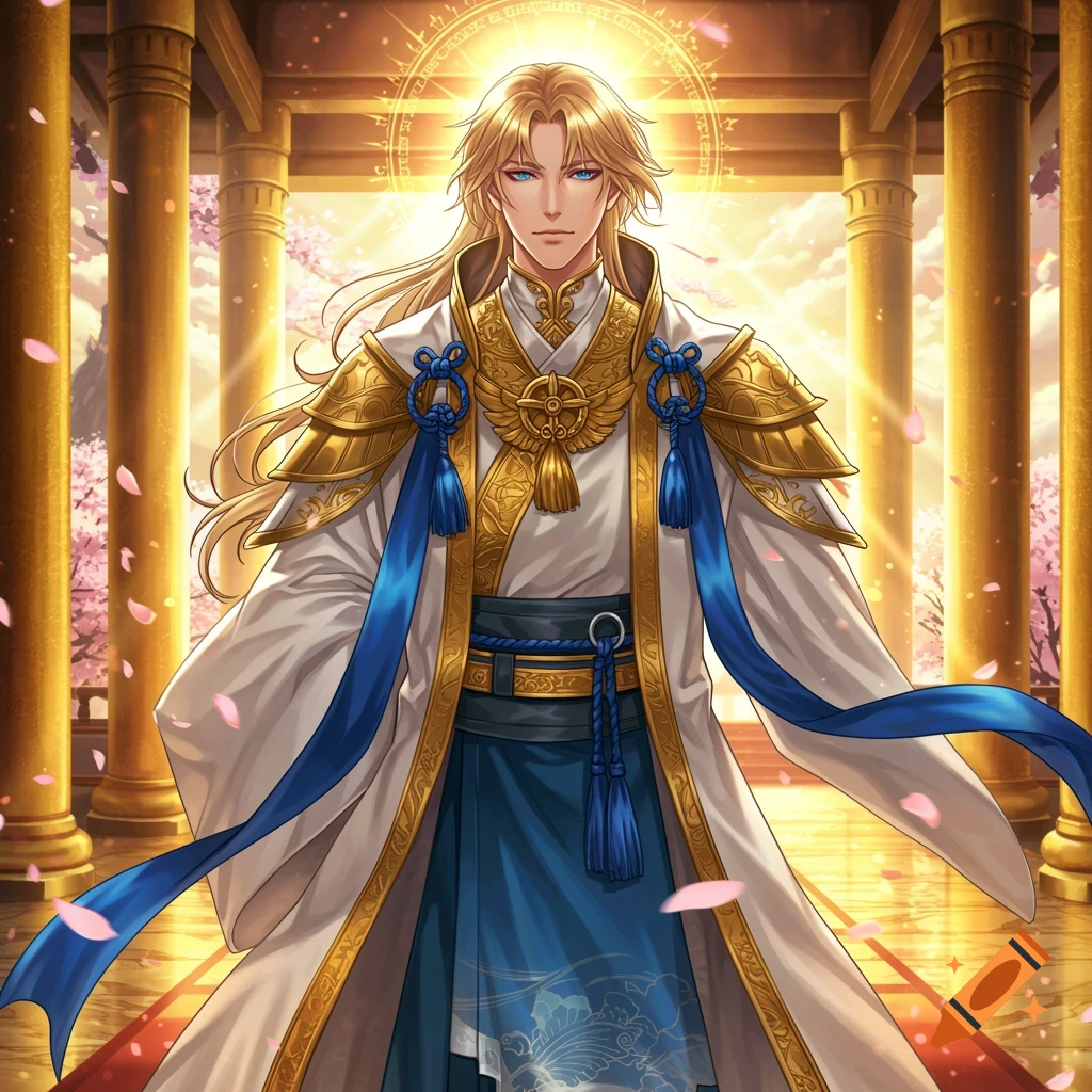 Anime-style male with blond hair, blue eyes, and an ornate white and gold robe stands in a grand hall with pillars and cherry blossoms.