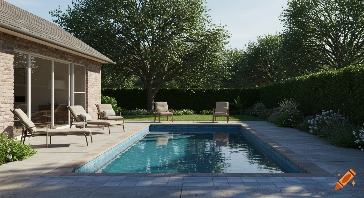 A photorealistic rendering of a rectangular backyard swimming pool surrounded by gray cement, with patio chairs and a brick house under a large oak tree.