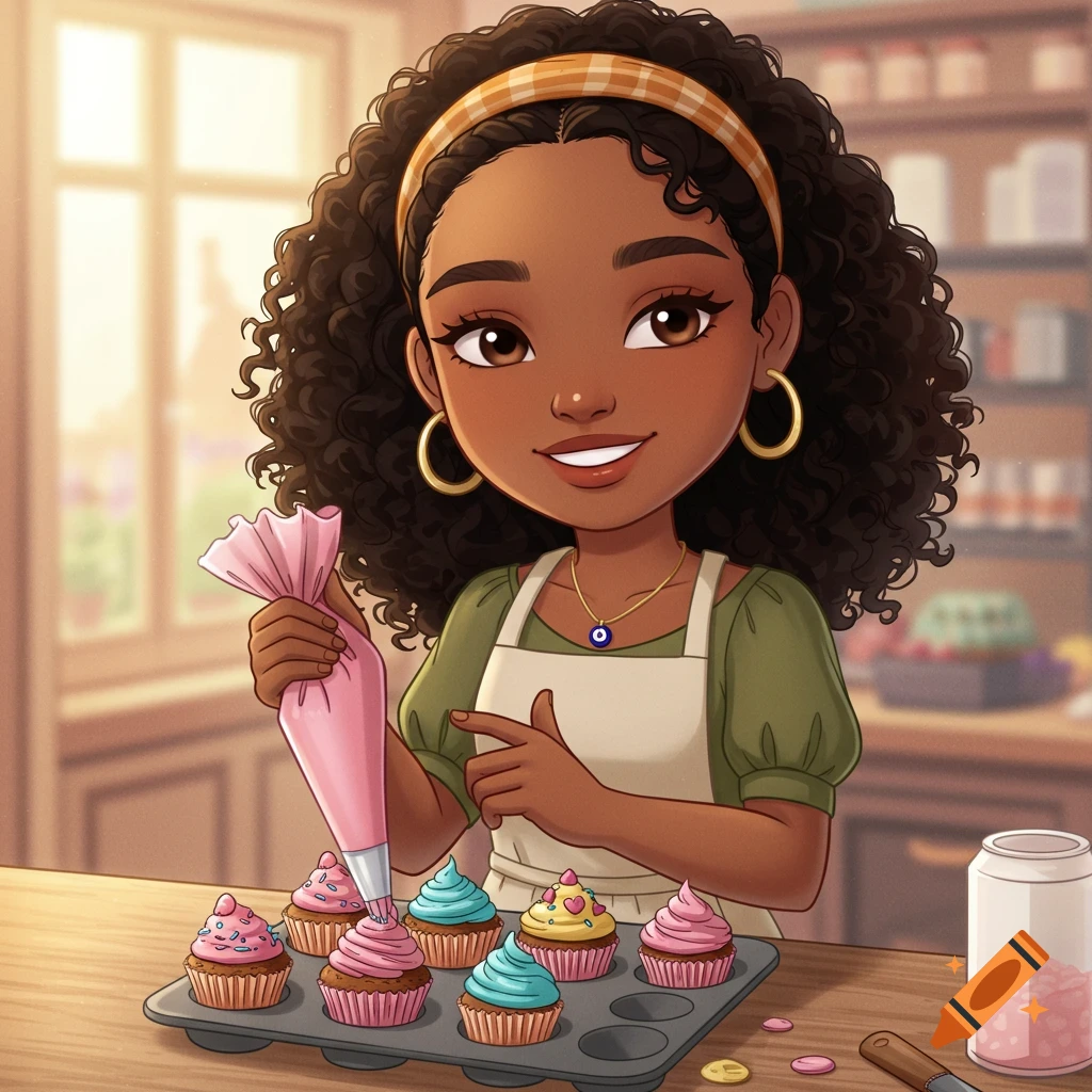 A cute cartoon girl with curly hair smiles while piping pink frosting onto cupcakes in a baking tin.