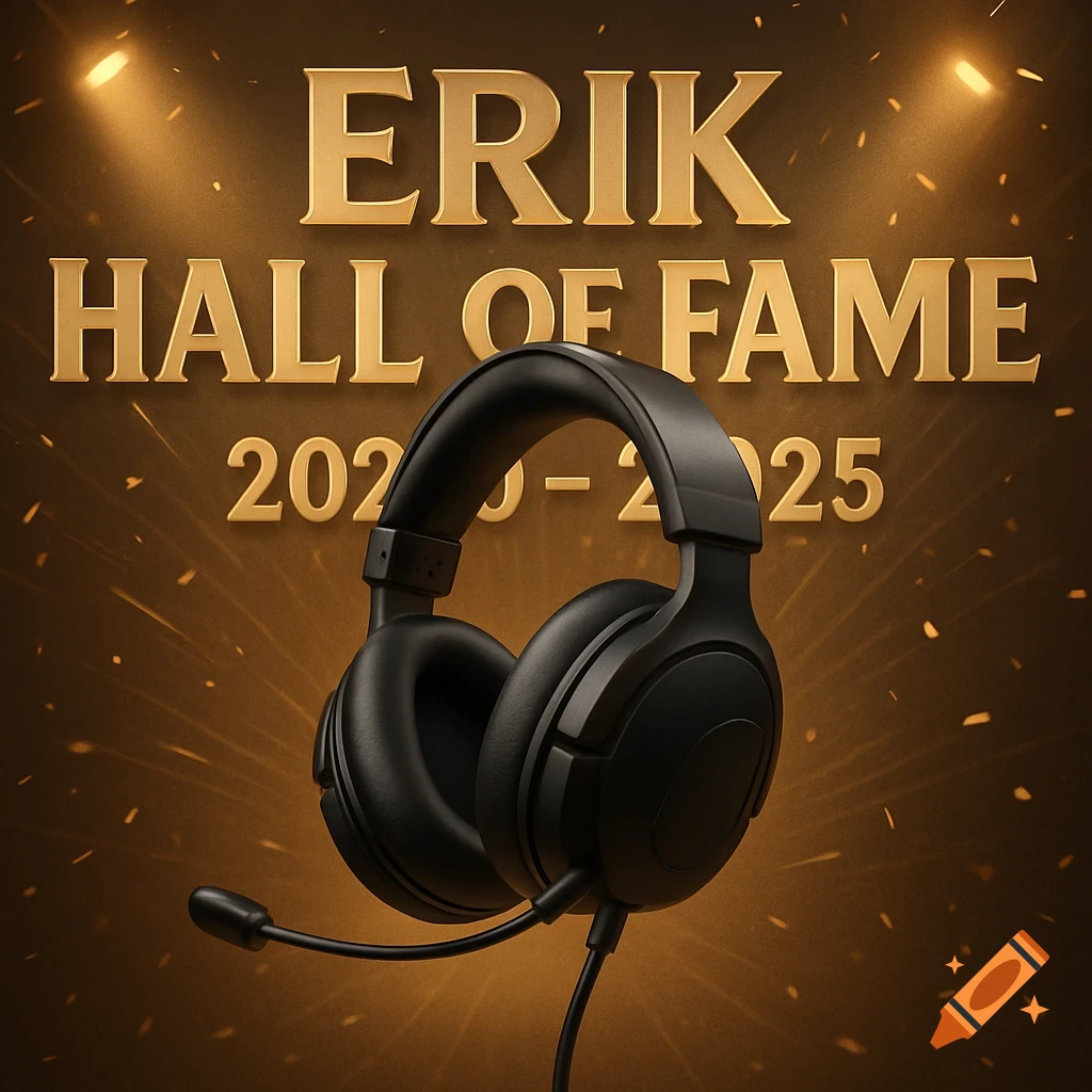A black gaming headset with 'ERIK HALL OF FAME 2020-2025' in gold letters on a spotlighted golden background with confetti.