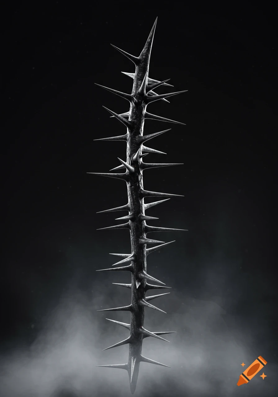 A dark, spiky rod with sharp thorns, set against a black background with smoke at the base.