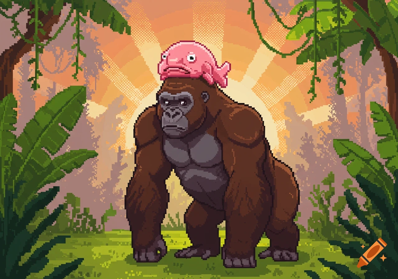 A pixel art gorilla with a blobfish on its head stands in a pixelated jungle at sunrise.