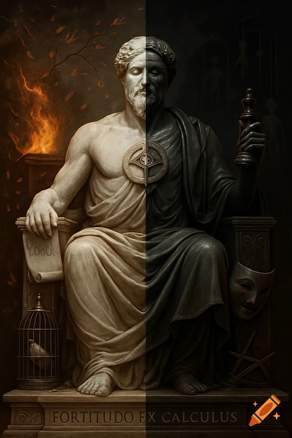 A statue split vertically into white marble and black obsidian, representing Stoicism and Machiavellianism, seated on a throne.