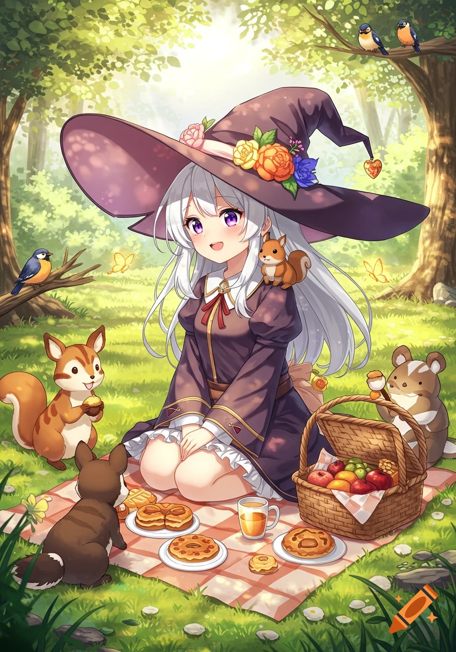 Cute anime witch with white hair and a large hat having a picnic in a sunny forest with squirrels, birds, and treats.