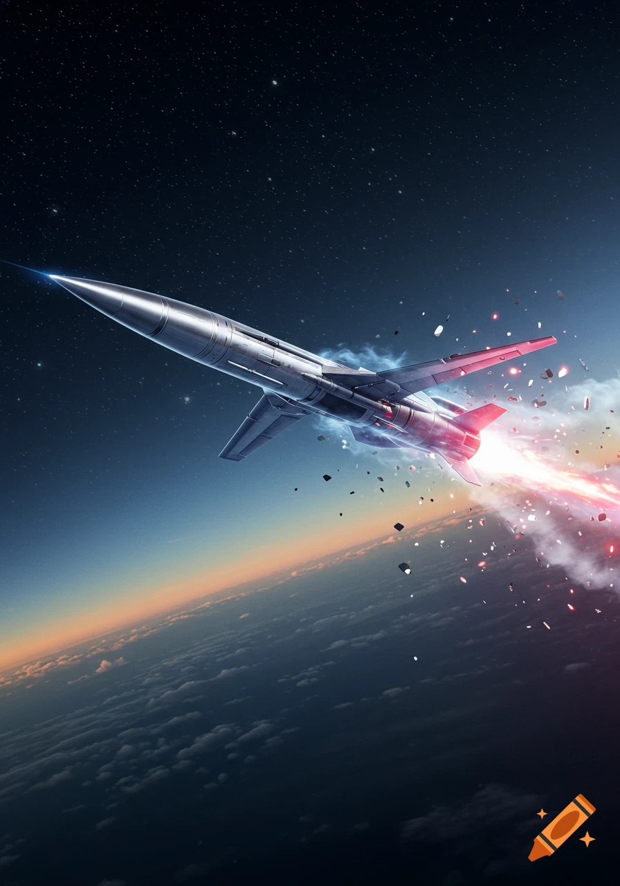 A silver missile with a fiery exhaust flies from Earth's atmosphere into a star-filled space, with debris trailing. The scene is dynamic and photorealistic.