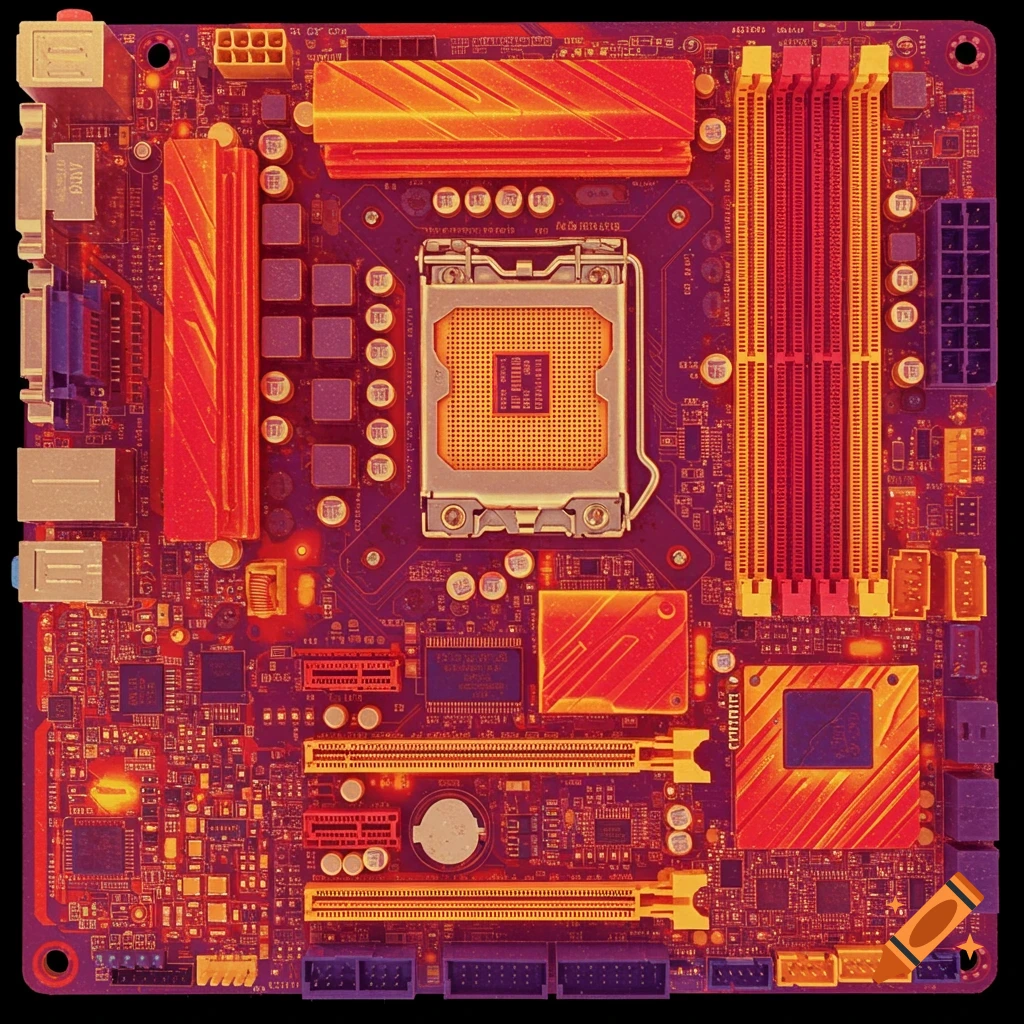 A top-down, ultra-realistic view of a computer motherboard under thermal imaging, showing red, orange, and purple heat gradients across its components.
