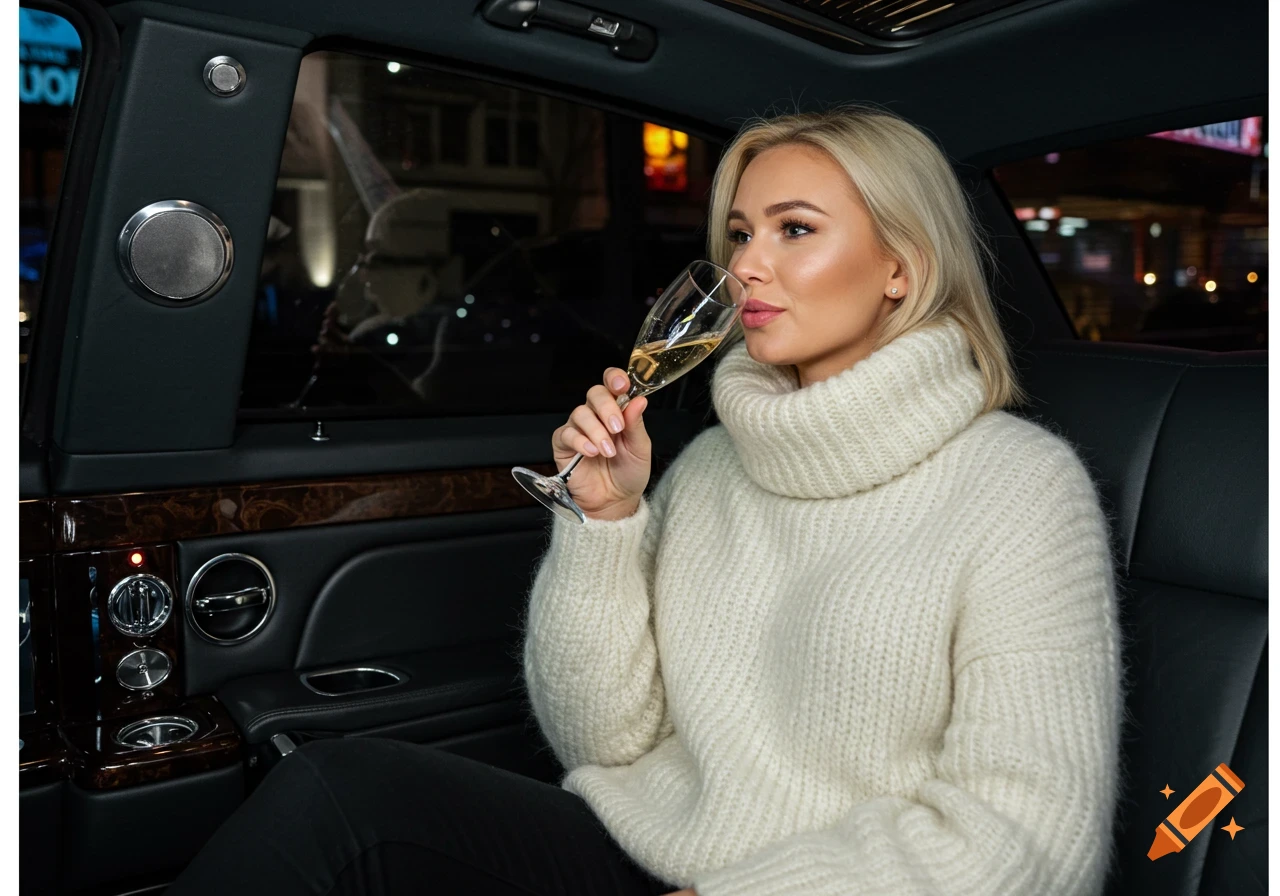A blonde woman in a cream turtleneck sweater sips champagne in the back of a luxury car at night.