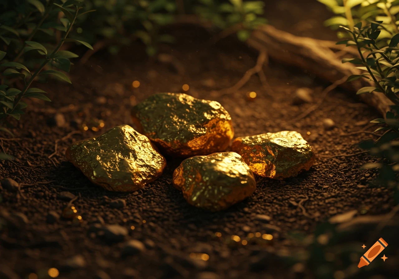 Four gold nuggets lie on dark soil amidst green plants and a branch, illuminated by warm light.