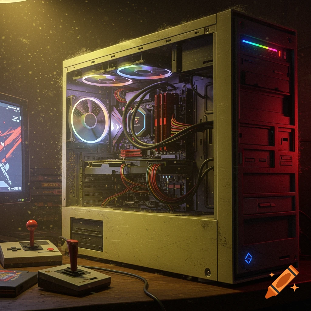 A close-up, dimly lit, photorealistic shot of an open, dusty gaming PC with RGB lighting, retro joysticks, and a monitor on a wooden desk.