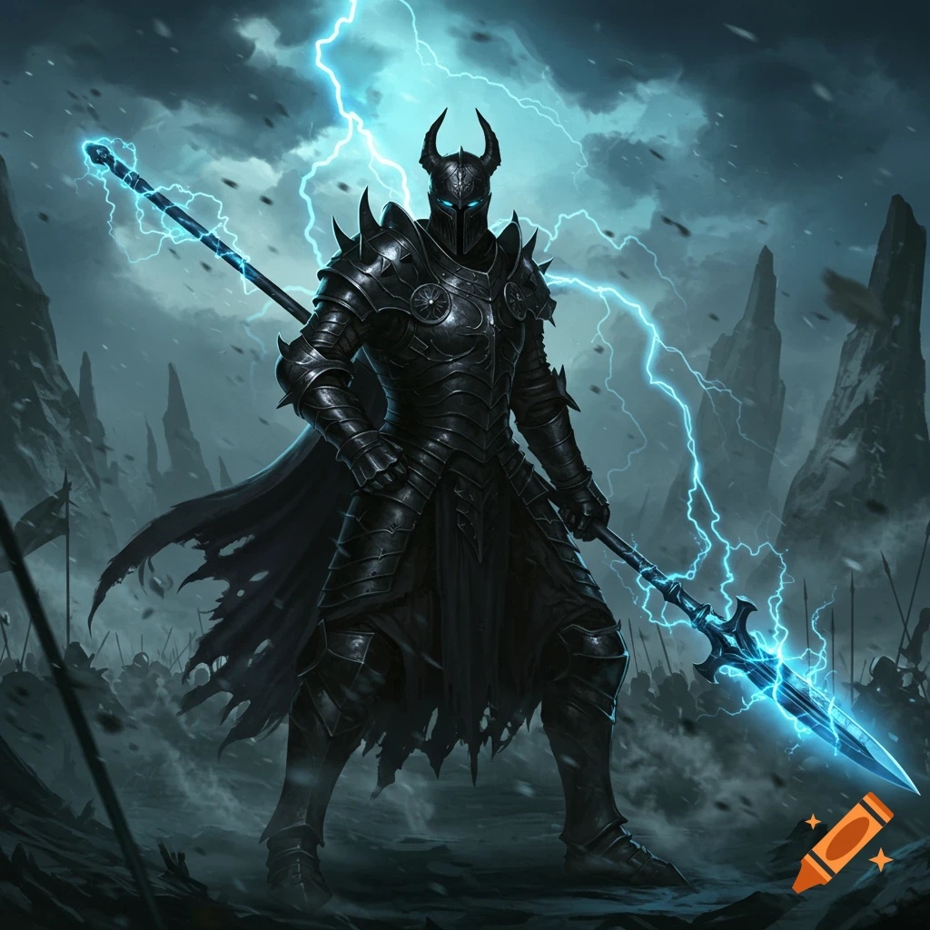 A dark armored paladin holding a glowing blue lightning spear stands in a stormy, rocky landscape with an army in the background.