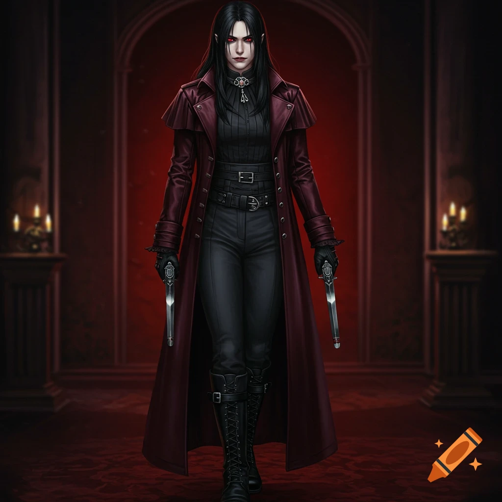 A regal female vampire with long black hair and red eyes stands confidently in a red duster coat and black tactical gear, holding two daggers in a gothic hall.