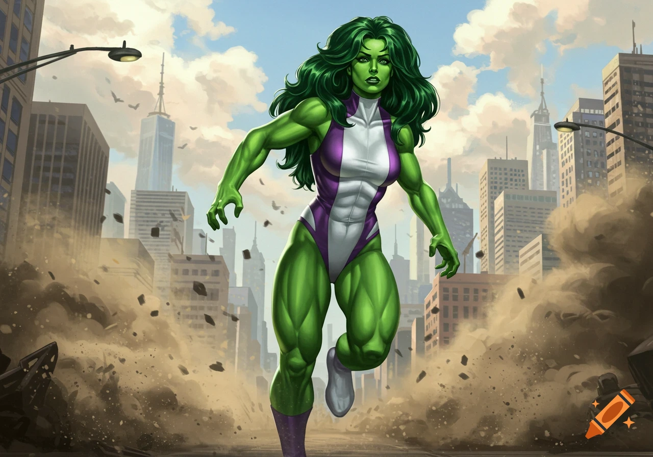 She-Hulk, a green muscular woman in a purple and white bodysuit, runs through a city street, kicking up dust in a comic book style.