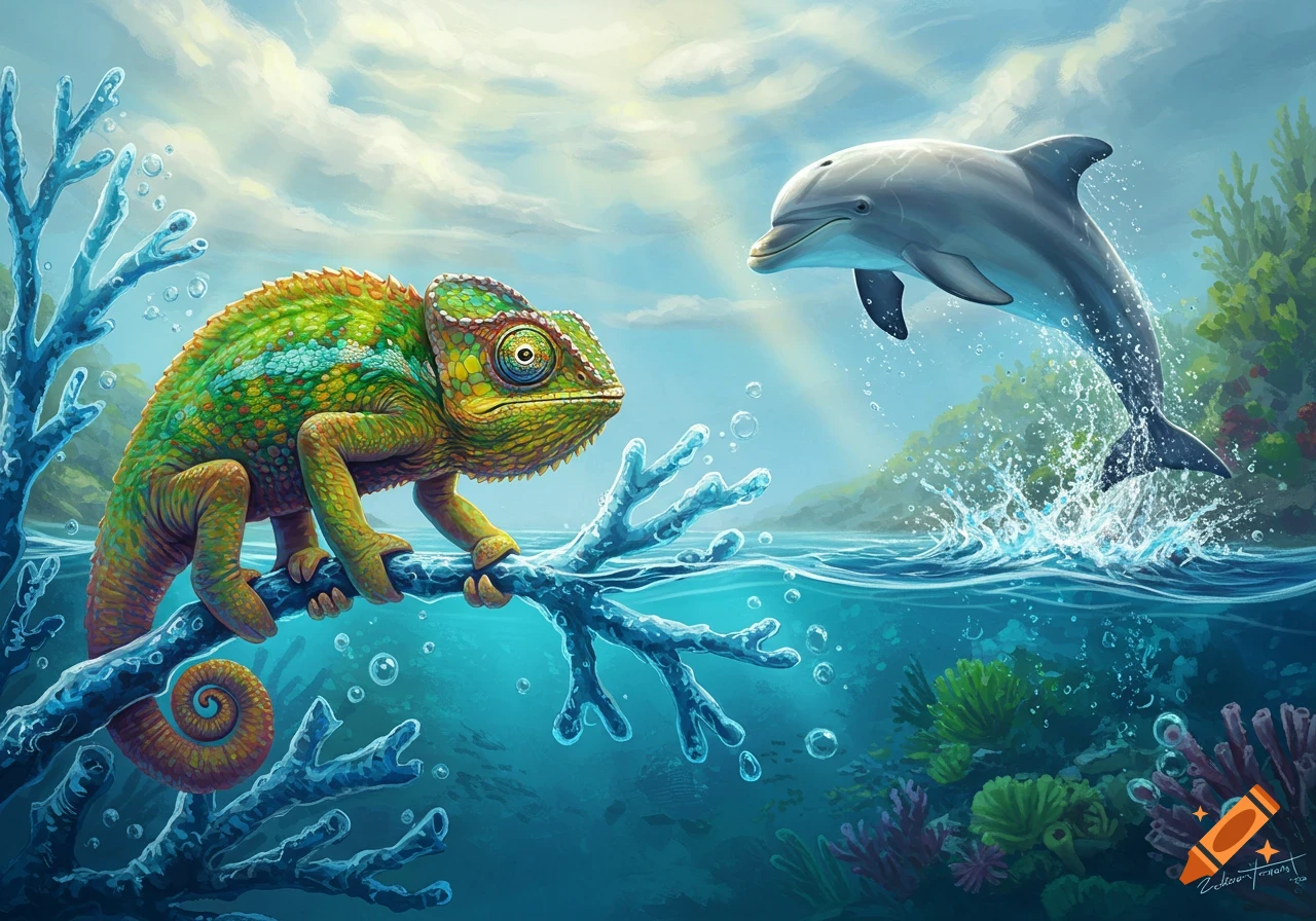 A vibrant illustration of a chameleon on a branch looking at a jumping dolphin, with coral and bubbles underwater.