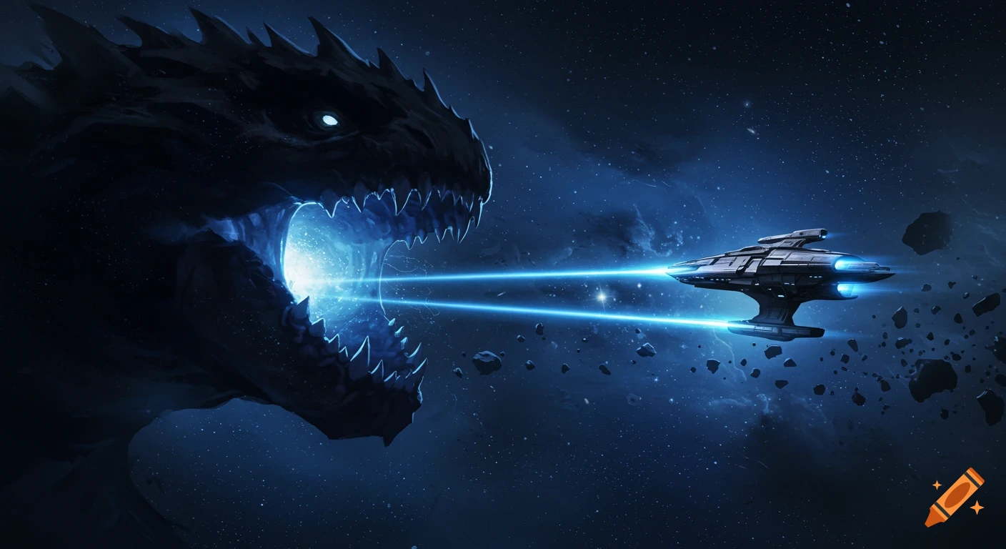 A large dark dragon-like creature with glowing eyes confronts a spaceship firing blue beams in a dark blue, starry galaxy.