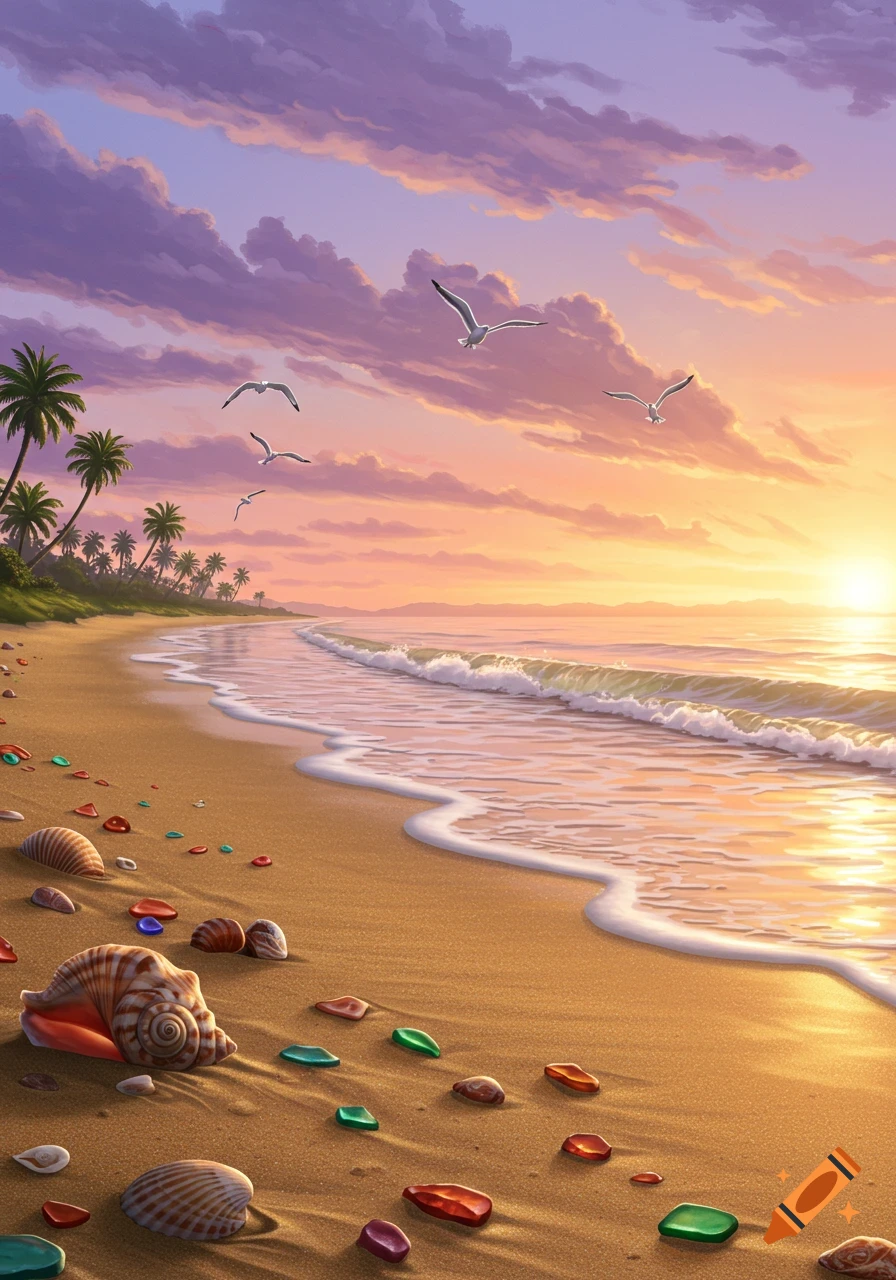 A vibrant sunset over a tropical beach with palm trees, seagulls, and colorful sea glass on the sand.