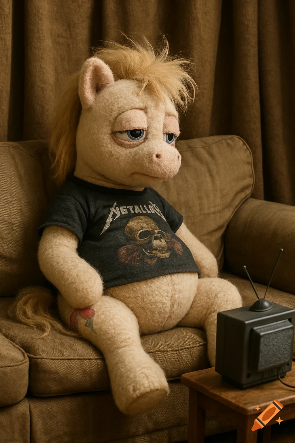 A disgruntled, plush pony-like figure with messy blonde hair wearing a black Metallica t-shirt sits slumped on a brown couch next to a miniature TV.