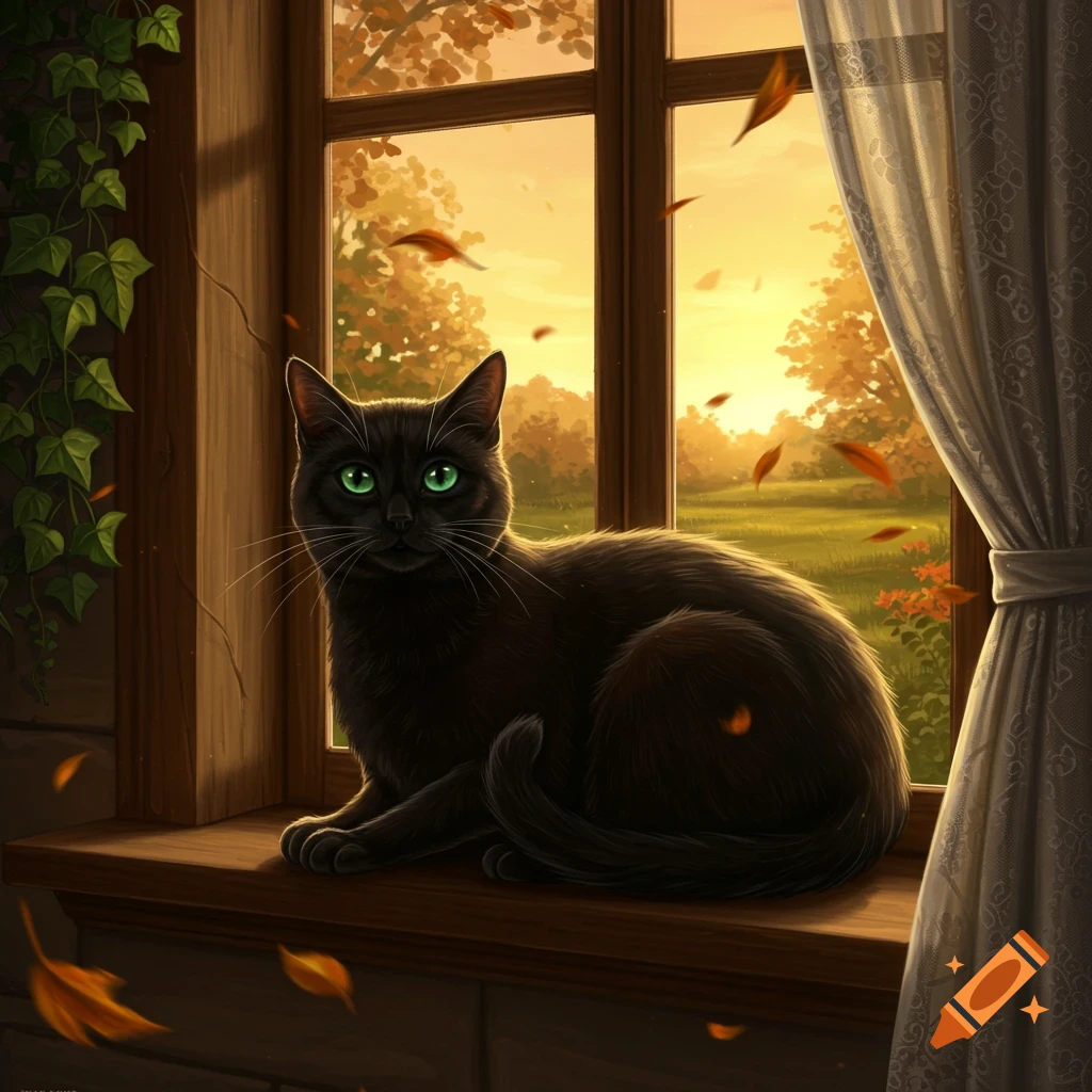 A black cat with vibrant green eyes sits on a wooden windowsill, gazing at a warm autumn sunset with falling orange leaves, painted digitally.