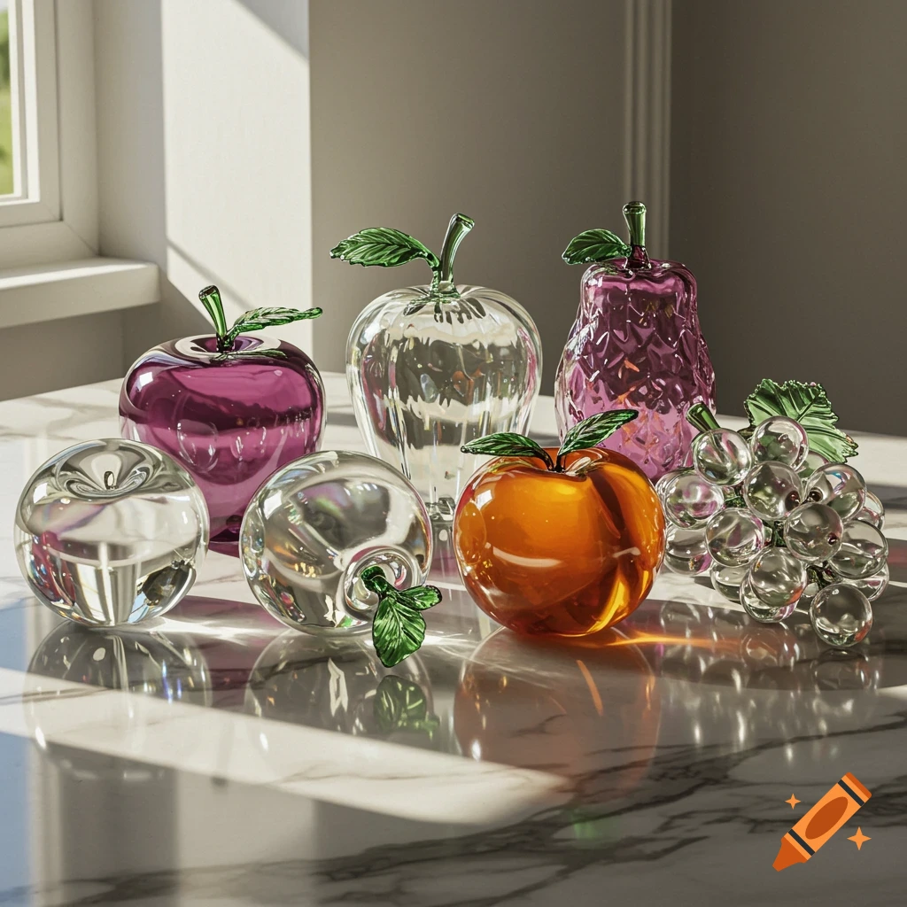 A collection of colorful glass fruit sculptures, including apples, a pear, and grapes, on a white marble table with sunlight.