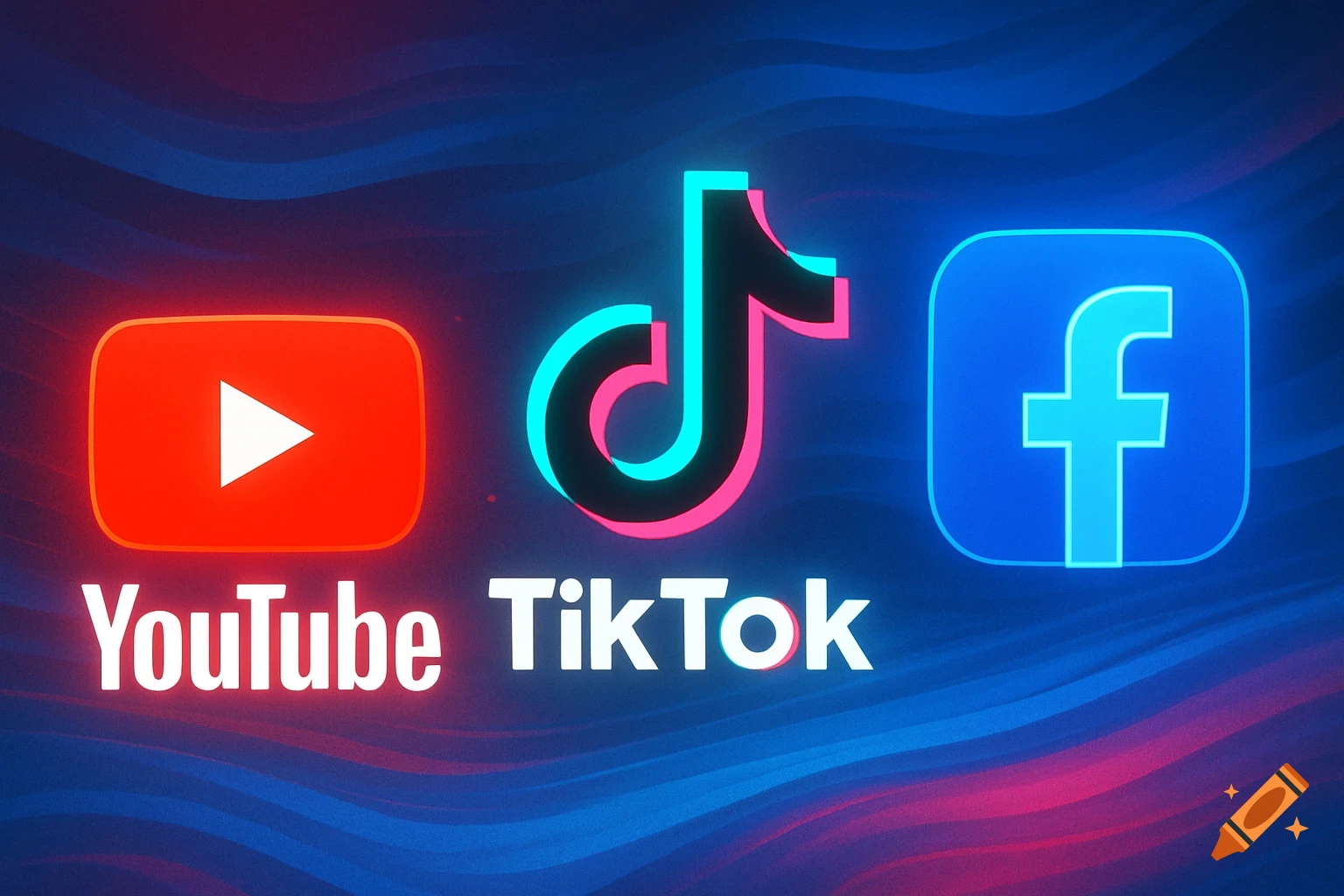 A vibrant, neon-lit image showing the logos for YouTube, TikTok, and Facebook against a blue and pink wavy background.