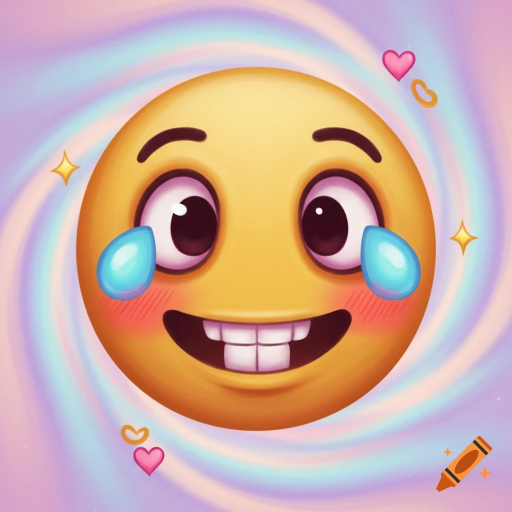 A yellow emoji with tears of joy, rosy cheeks, and a big smile, surrounded by colorful swirls and small hearts.