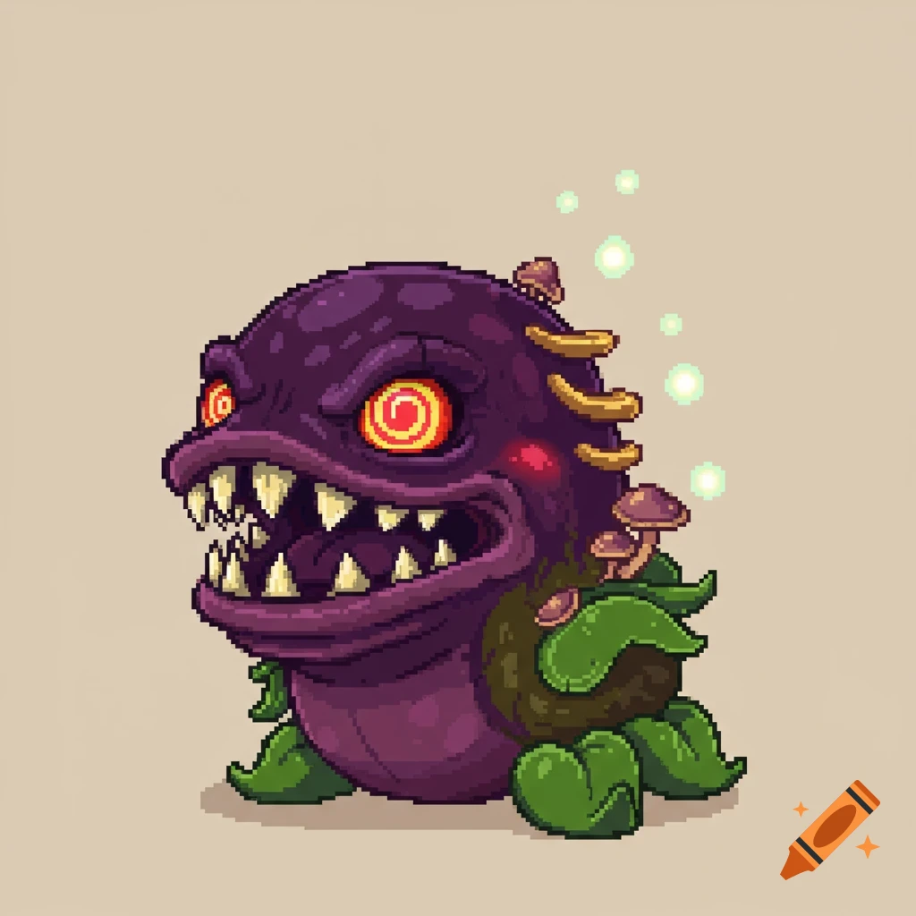 Pixel art sprite of a purple, fanged plant monster with glowing eyes, yellow spikes, and mushrooms growing on its back.