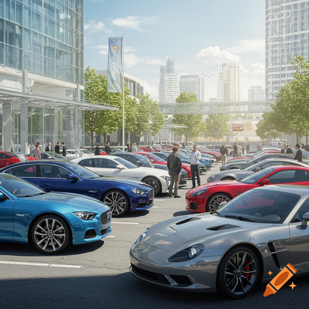 Photorealistic image of many modern luxury cars parked in a sunny outdoor city setting with glass buildings and people in the background.