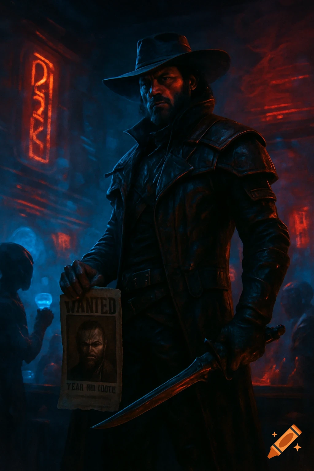 A rugged bounty hunter in a dark coat and hat holds a 'WANTED' poster and a dagger in a neon-lit space bar, in a dramatic, dark style.