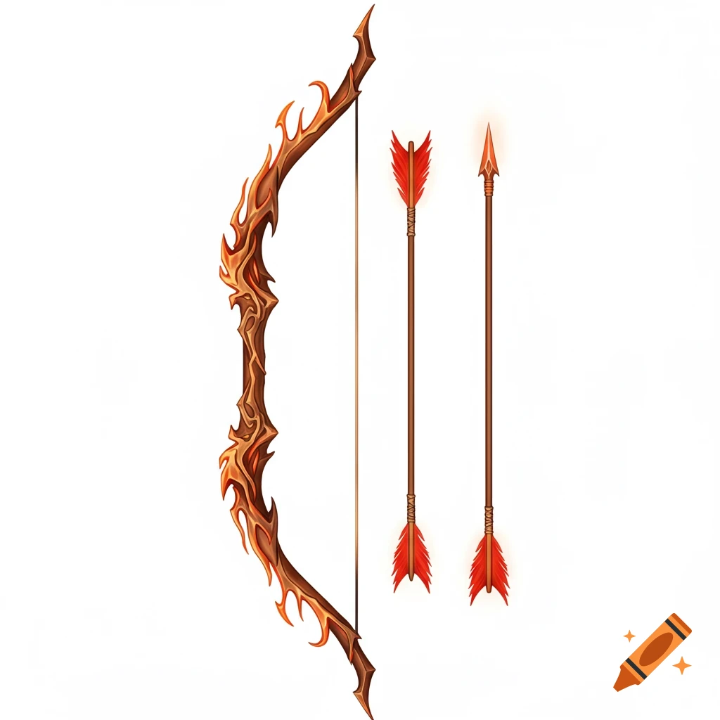 A fantasy longbow with orange flame-like embossments and two arrows with red fletching and glowing elven heads on a white background.