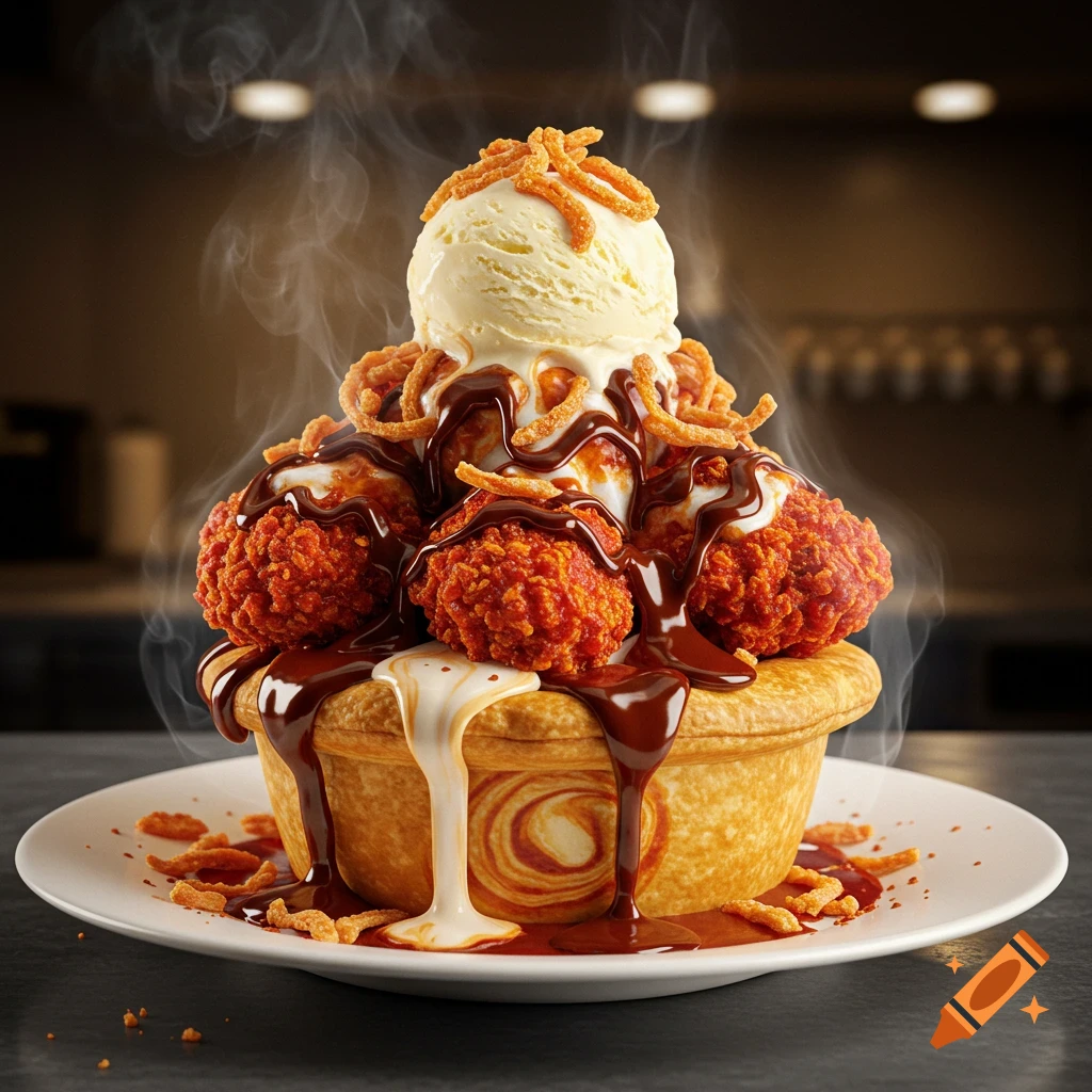 A bizarre food creation featuring a pastry pie, topped with fried chicken balls, chocolate and vanilla sauces, a scoop of ice cream, and crispy fried onions, with steam rising.