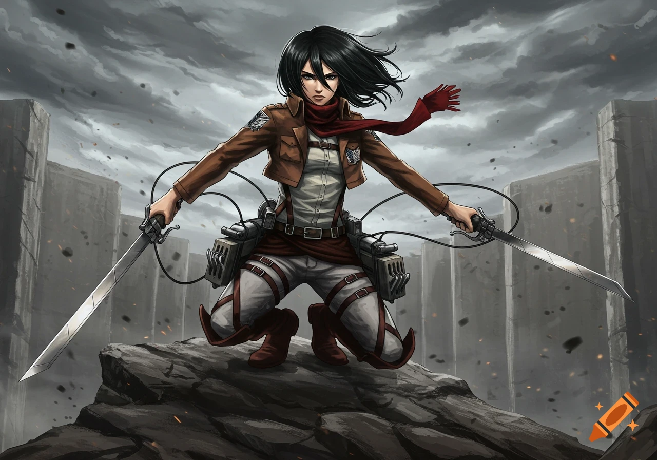 Mikasa Ackerman from Attack on Titan, wielding two swords, perched on a rock amidst towering walls under a stormy sky.
