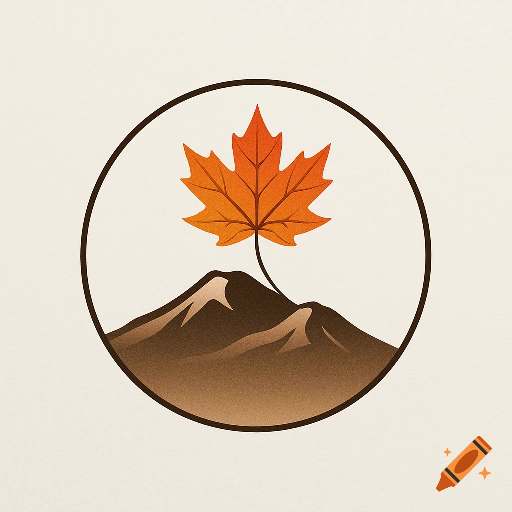 A stylized orange maple leaf rising from two brown mountains within a black circular border, set against a light beige background.