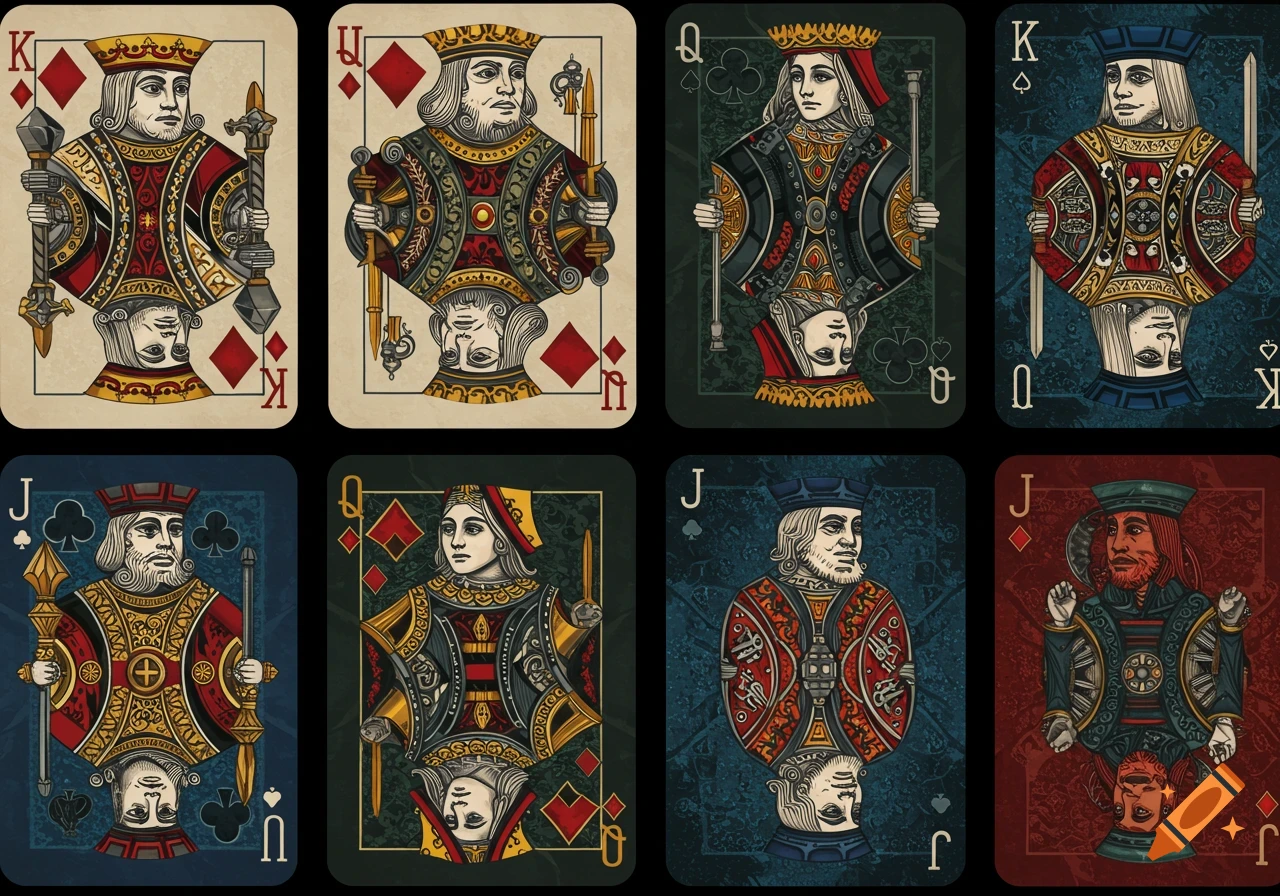 Eight ornately designed playing cards featuring kings, queens, and jacks in a dark, intricate, and stylized illustration style.