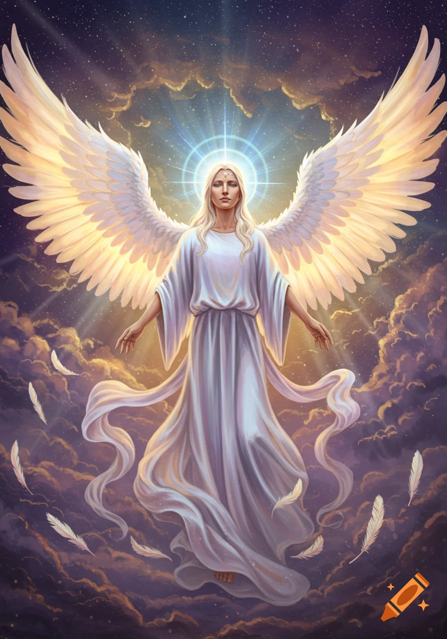 A majestic archangel with glowing white wings stands amidst celestial clouds and stars, bathed in divine light.