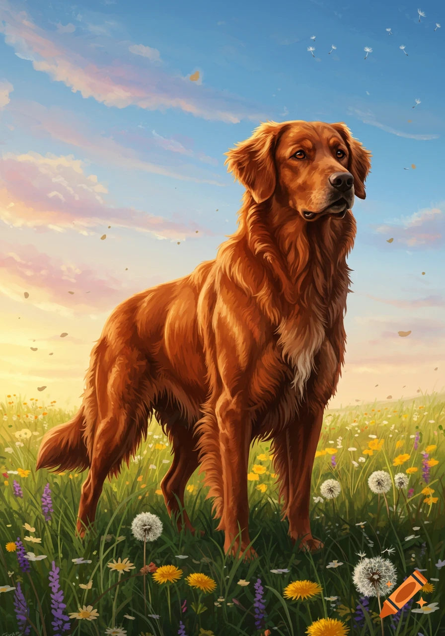 A golden retriever stands in a vibrant field of wildflowers under a bright, cloudy sky at sunset, in an illustrative style.