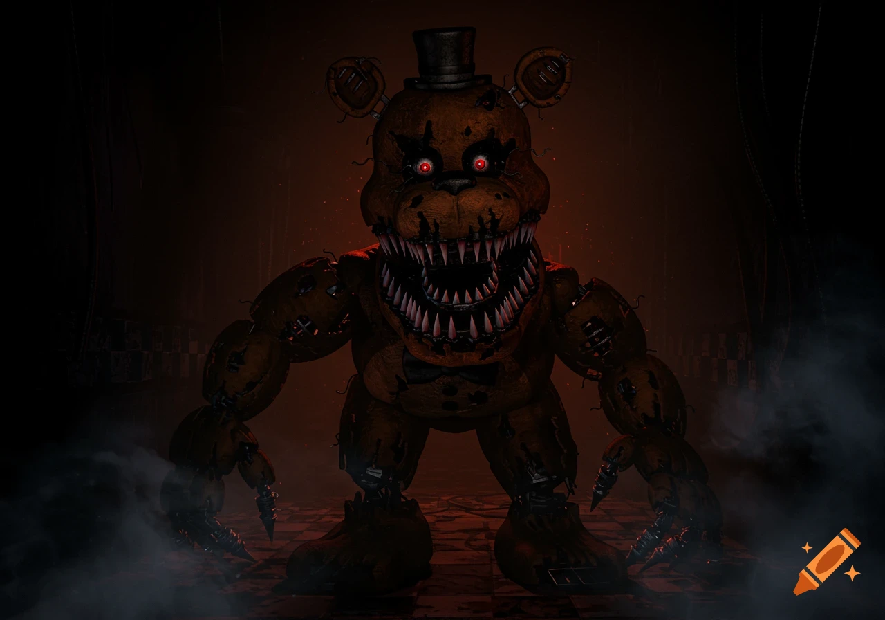 A terrifying Nightmare Freddy animatronic from FNAF 4 with sharp teeth and glowing red eyes, shrouded in smoke in a dark room.